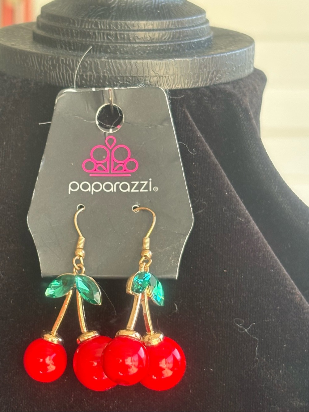 paparazzi Red Cherry Dangle Earrings with Green Crystal Leaves